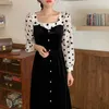 Bolinhas retrô elegante veludo quadrado colar magro mulheres elegância todos combinam longos vestidos doces vestidos 210525