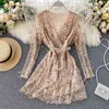 Summer Women Party Long Sleeve Belted Black Gold Sequin Sexy Tulle Dress 210415