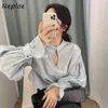 All-match stand kraag sexy holle uithemden effen kleur chique lantaarn mouw vrouwen blouse eenvoudige losse femme blusas 210422