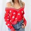 Elegant Women Sexy Star Jacquard Sweaters Fashion Ladies Rad V-Neck Knitted Tops Sweet Female Chic Loose Pullovers 210427