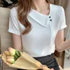 Kvinnors Blusar Skjortor Kvinnor Skjorta Chiffon Solid Blus Kvinnor Kortärmad Casual Vit Skew Collar Ladies Blouse Elegant Kvinna Sommar