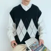 Sweater Vest Men Patchwork V-Neck Mouwess Sweaters Chic Preppy Style Side-Slit Paren Tieners Retro Waistcoat Men's Vesten Phin22