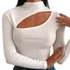 Frauen T-Shirt Langarm Rollkragen Solid Hollow Out Weiß Grün Basic Sexy Damen Clubwear Streetwear Tops 210522