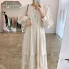 Frühling Koreanische Damen Süße Rundhals Lose Krawatte Taille Schicht Plissee Kleid Mittlere Waden Solide Frauen QB988 210510