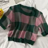 Contraste cor xadrez t-shirt mulheres verão fina fina tops coreano moda colheita top knitwear chique streetwear 210519