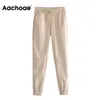 Aachoae Lady Full Length Pu Pantaloni in pelle con coulisse Sport Style Pantaloni lunghi da donna Baggy Matita casual Pantalon Mujer 211102