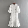 Vintage fleur broderie blanc robe midi femme lanterne manches chemise décontracté chic lâche es coréen vestidos 210521