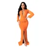 casual solid women elegant Deep V Neck Sheer High Slit Floor Length dresses 2021 sexy evening party club