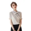 Pink Shirt Women Summer Temperament Elegant Bow Design Short Sleeve Chiffon Blouses Office Ladies Plus Size Work Tops 210604