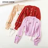 French Style Retro Haft Knitting Hole Gutton Przez Uprawa Pointelle Knit Sweter Sweter Kobieta O Neck Długi Rękaw Skoczek 210429