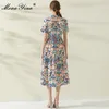 Modeontwerper Zomerjurk Dames Korte Mouw Tailleband Hoge Taille Floral Print Vintage Midi Vestidos 210524