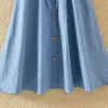 Kvinnor ruffle hög midja veckad kjol Summer Knee Lenth Bow Strap Denim kjolar Nya koreanska blå randig midi kjol kvinnlig 210415