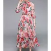 Été femmes Style coréen en mousseline de soie florale Midi écharpe col demi manches bouffantes une ligne transparente élégante robe D13010X 210416