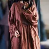 Johnature Jesień Zima Bawełniana Pościel Retro Stojak Z Długim Rękawem Plus Size Sukienki Luźne Wygodne 4 Kolor Kobiety Dress 210521