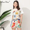 Fashion Runway Summer Shorts Women's White Pullover Top and High waist printing Two Pieces Set 210524