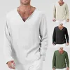 V Neck Mens Camisetas Mangas Completas Algodão Linho de Manga Longa T-shirt Homens Gótico Hippie Roupas Solto Macho T Camiseta Outono Primavera 210722