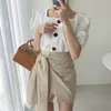 Korean Elegant Clothes For Women Two Piece Set White Vintage Shirt Blouse Ruched Mini Skirt Office Lady Chic Female Suit 210514