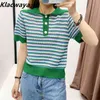 Women's Green Striped Knitted T Shirt Jewelry Buttons Slim Ladies Lapel Short Sleeve T-Shirt Fashion Knit Top 210521