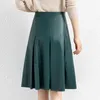 Saias verde escuro Genuíno de couro A-line plissada femme Sheepskin guarda-chuva Falda Midi Mulheres High Slim Gonge Pieghe