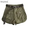 Tigena Army Green Cotton Cargo Shorts voor Dames Zomer Mode Wide Leg Belt Pocket Hoge Taille Shorts Vrouw 210625