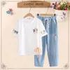 Women's Sets Cartoon Cat Print Harakuju T Shirt With Elastic Waist Embroidery Calf Length Denim Pants Summer 2 Piece Set Clothes X0428
