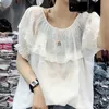Yaz Kadın Gömlek Artı Boyutu Gevşek Rahat Kısa Kollu Bayanlar Tops Katı Pamuk Ruffles Bluzlar Kadın Sevimli Gömlek D48 210512