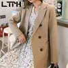 Ol Style Podwójne piersi Khaki Kobiety Blazer średniej długości Blazers i kurtki Dorywczo Dopasuj Lady Suit Coat Spring 210427