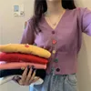 Stickade koreanska tröjor Cardigans för kvinnor 2020 Långärmad Top Knitwear Oversized Kort Beskuren Sweater Ladies Kläder V Neck Y0825