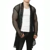 Vit Mesh See Through Cardigan T-shirt Men Sjal Krage Långärmad Hög Låg Hem Tee Shirt Homme Hip Hop Muskel Tops Camisetas 210522