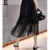 Vintage taille haute élégante longue jupe trapèze femmes dentelle maille Midi Tulle jupe femme princesse noir à volants décontracté Streetwear 210619