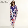 Moda Designer Runway Sukienka Wiosna Letnie Kobiety Dress V Neck Batwing Rękaw Drukuj Plus Size Luźne Plaża Maxi Dresses 210524