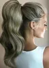 18 inches grå blond hästsvans hårförlängning mänskligt hår riktigt remy lockigt vågigt [grå blond] wrap runt ett stycke klipp i hårstycken för kvinnor kroppsvåg (140g)