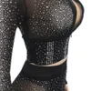 Women Two Piece Pants Sets Sexy Long Sleeve See Through Rhinestone Bodycon Jumpsuit Romper Clubwear