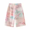 [DEAT] Mujeres Tie Dye Cintura alta Bolsillos Temperamento Pantalones cortos elegantes Pantalones cortos sueltos para mujer Moda 13C363 210527