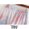 Traf Women Chic Fashion Tie-Dyed Print Joging Pants Vintage High Elastic Waist Drawstring女性足首ズボンMujer 210415