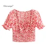 women sweet fasion elastic waist short print t shirt elegant square collar puff sleeve female tops Vestidos Mujer 210521