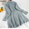 Neploe Midi Dresses for Women Lace Up Beading Knitted Vestidos Winter Clothes Robe High Waist Slim Pleated Dress Woman 4G742 210422