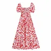 Za Frauen Sommer Rote Blumenkleider Vintage Print Casual Kurzarm Square Neck Shirt Kleid Freizeit Urlaub Langer Rock 210602