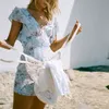 Women Boho Floral Print Chiffon Mini Dress Summer Sexy V Neck Back Hollow Out Ruffle Bow Tie Bodycon Party es 210515