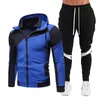 Mäns Hoodies Sweatshirts 2021 Winter Fleece Multicolor Patchwork Link Hoodie + Sweatpants Suit Fashion Sports and Leisure 2-Piece Set