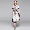 Moda runway verão midi vestido mulheres manga curta curva coleira floral cadeia impressão vintage vestido feminino feriado uma linha vestido 210514