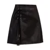 PU Leather Skirt Women A-line Black High Waist Autumn Mini Lace-up Tassel S0087 210514