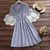 Bayan Mavi Çiçek Işlemeli Elbiseler Moda Kadınlar Kısa Kollu Yaz Elbise S-XXL Pamuk Vintage Vestidos 3672 50 210417