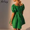 Msfancy été vert Mini Robe femmes manches courtes bouffantes col carré élégant Vestido De Mujer taille haute Robe décontractée 210604