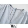 TRAF femmes Chic mode plissé Denim Mini robe Vintage col en V manches bouffantes dos fermeture éclair femmes robes Vestidos Mujer 210415