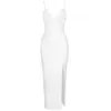 Women Sexy V Neck Split Mid-calf White Bandage Dress Elegant Night Club Prom Celebrity Bodycon Party Vestido 210527