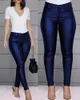 PU Leather Pants Women High Waist Button Zipper Slim Push Up Woman Pencil Pants Casual Pockets Blue Skinny Women Pants Plus Size Q0801