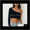 T-shirt T-shirt Mulheres vestuário vestuário entrega 2021 mulheres sexy um ombro colheita de algodão manga comprida camiseta slim tops clubwear sjmiu
