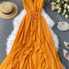 Women Sexy Ball Gown Dress Summer V-neck Backless Ruffles Beach Vertidos Mujer Ladies Kleid Boho Long Robe 210525