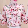 Blouse Women Bow V-neck Pink Print Chiffon Blouse Shirt Women Tops Long Sleeve Women Blouses Shirts Blusas Mujer Blusa D468 210426